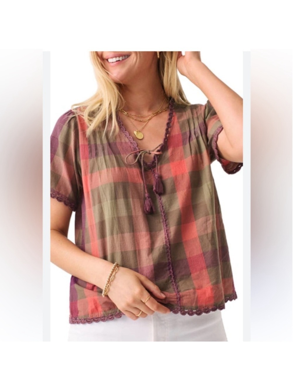 Faherty organic Multicolor Plaid Short Sleeve Top, country, western tassel